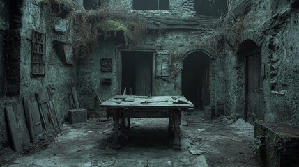 A Desolate and Overgrown Interior of a Ruined Stone Building