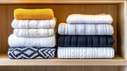Cozy sweaters stacked neatly on wooden shelves in a stylish boutique for autumn season fashion
