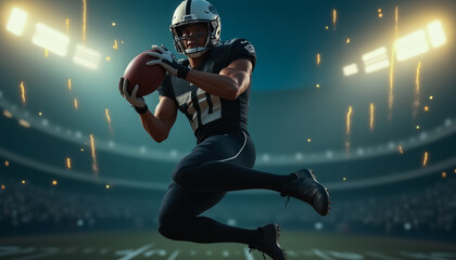 An American football player jumps and catches a ball against the backdrop of bright stadium lights.