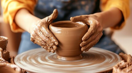 Handmade Ceramics concept. A person shapes a clay pot on a pottery wheel, showcasing the art of pottery-making with hands covered in wet clay.