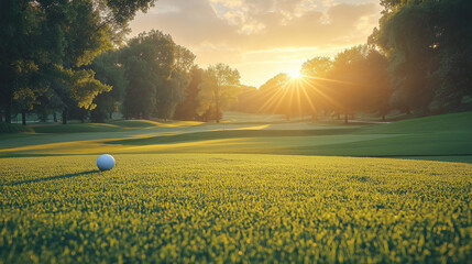 A golfer tees off on a beautiful golf course at sunrise. Perfect for golf, nature, and travel themes.