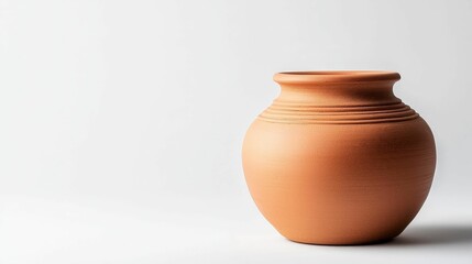 Handmade Ceramics concept. A simple, round clay pot with subtle grooves, set against a minimalistic background, showcasing its earthy texture and warm tones.