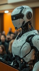 Fototapeta premium Humanoid robot lecturer in modern college classroom setting