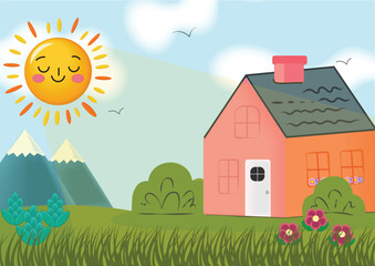 Fototapeta premium Landscape with house, clouds and flowers