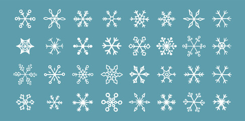 Hand drawn snowflake doodle vector icon collection, winter snow symbol. White snowflakes on a blue background