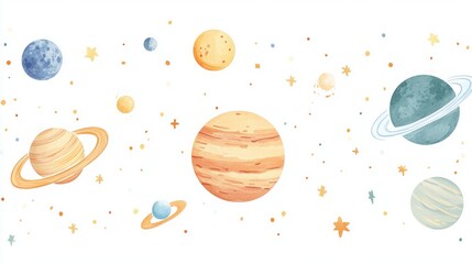 Illustration of the solar system with each planet labeled, white background, simple shapes, cute and dreamy, hand-drawn style, kids' wall art, minimalist design, 