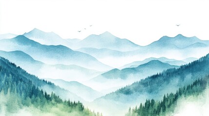 Serene watercolor landscape of misty blue mountains and lush green forests, AI