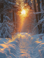 Snow wood landscape at sunset