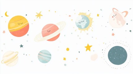 Illustration of the solar system with each planet labeled, white background, simple shapes, cute and dreamy, hand-drawn style, kids' wall art, minimalist design, 