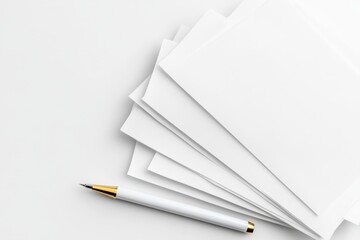 Naklejka premium Stack of white papers with a pen, symbolizing paperwork, documentation, or office work.
