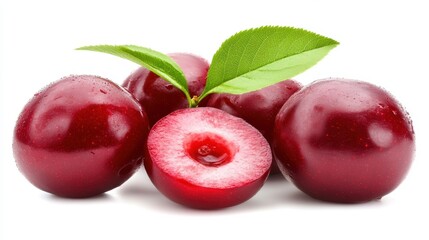 Fresh red plums with green leaves, one halved, isolated on white.