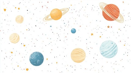 Illustration of the solar system with each planet labeled, white background, simple shapes, cute and dreamy, hand-drawn style, kids' wall art, minimalist design, 