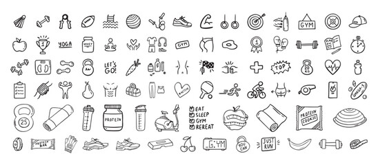Fitness, sport and health icons doodle hand drawn set. Healthy lifestyle isolated symbols