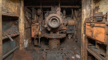 Rusted and Abandoned Machinery Inside a Ship's Engine Room