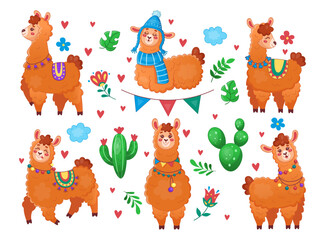 Naklejka premium Alpaca set, funny llama. Farm animal in Peru. Cute baby icon. Mexican cartoon flat style isolated illustration. Fabric drawing characters for children. Set of fun pets with cactus. Vector tidy sticker