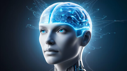 Obraz premium artificial intelligence digital brain, AIbrain simulating the human face, AI brain, digital, AI, brain, artificial robotic brain, robotic, intelligence, simulate, human, face, 