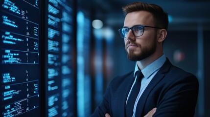 Fototapeta premium Corporate it professional presents data privacy benefits office presentation corporate setting expert viewpoint midjourney concept