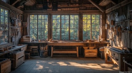 A well-worn workshop filled with tools and bathed in sunlight