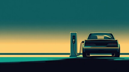 A lone car charges at an electric station under a serene, gradient sky, AI