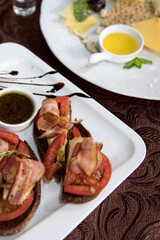 Catering buffet for events. Catering banquet table with different food snacks and appetizers with sandwich, salads, fresh fruits. 