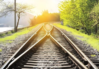 Obraz premium A Scenic View of Diverging Railway Tracks Surrounded by Lush Greenery and Sunlight, Capturing the Beauty of Nature and Transportation in Harmony