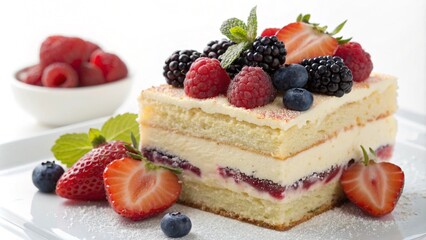 A layered sponge cake with creamy filling, topped with fresh strawberries, blueberries, raspberries, and blackberries. A perfect gourmet dessert styled on a white plate for food photography themes.