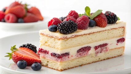 A layered sponge cake with creamy filling, topped with fresh strawberries, blueberries, raspberries, and blackberries. A perfect gourmet dessert styled on a white plate for food photography themes.
