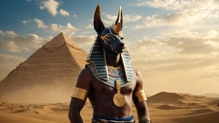 Naklejka premium A man in a Anubis costume stands before a pyramid in the desert