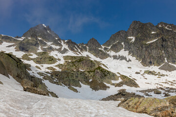 Tour du Mont Blanc beautiful landscapes in the Alps mountains on a sunny summer day. Green grass on...