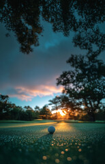 A golfer tees off on a dewy golf course at sunrise. Perfect for golf, nature, and relaxation themes.