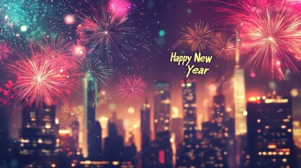 A city skyline with fireworks in the background