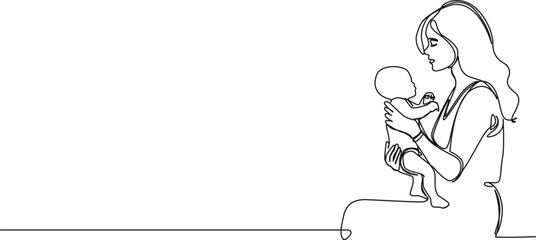 continuous single line drawing of mother holding her baby, line art vector illustration