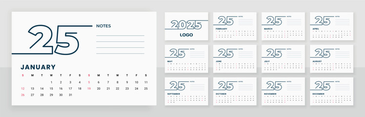 2025 monthly desk calendar template with note
