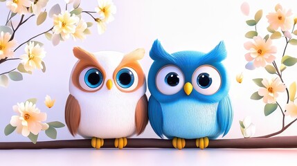Fototapeta premium Cute, colorful owls surrounded by delicate flowers create a whimsical atmosphere of joy and playfulness in a serene setting
