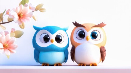Obraz premium Cute, colorful owls surrounded by delicate flowers create a whimsical atmosphere of joy and playfulness in a serene setting