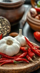Colorful garlic and chili peppers highlighted in a kitchen setting filled with cooking tools