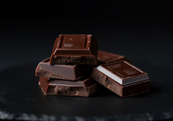 Pieces of dark chocolate isolated on background