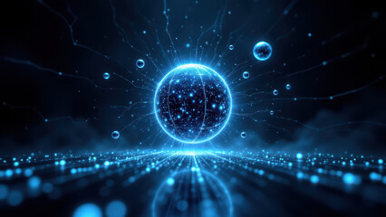 Obraz premium Abstract high-tech background with glowing blue spheres and digital grid.
