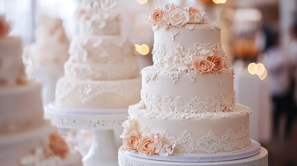 Elegant wedding cake with multiple tiers and intricate decorations displayed on a white cake stand.