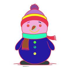 The snowman is wearing a blue coat with a green scarf around his neck. The scarf is brown and orange. The hat on the snowman has a yellow and red stripe on it. There are three green balls on the coat.