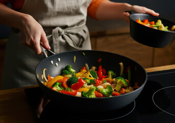 Woman cooking stir fried vegetables