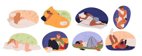 Woman in bed. Girl sleeping positions. Happy character in bedroom. Person watching laptop or phone. Night relax. Sweet dream of happiness. Reading book. Female lying under blanket. Vector concepts set