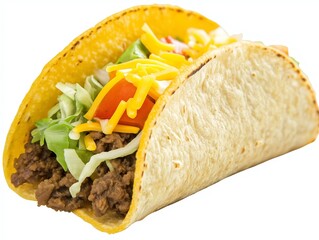crispy taco filled with seasoned beef, shredded lettuce, diced tomatoes, and cheddar cheese isolated