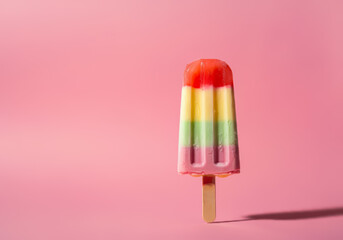 Colorful Ice cream popsicle on pastel pink background. Minimal summer food concept