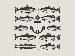 A fish head and a fish in the middle of a forest. A poster that says fish set on it.
