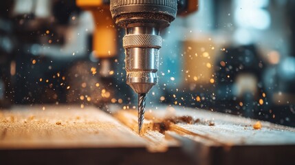 A Close-Up of a Drill Bit Puncturing Wood, Emitting Sparks and Sawdust