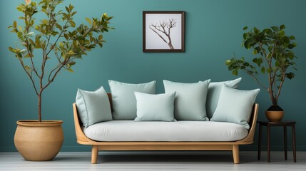 A cozy Scandinavian living room featuring a sofa with white cushions and a tree in a large wooden pot, complemented by a teal wall and frame.