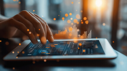 close-up of a hand using a tablet with a business planning app, symbolizing digital innovation