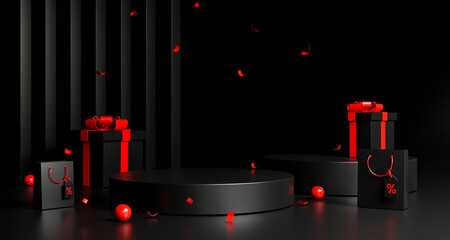 black podium with red gift box and shopping bag on white background, showcase product, black friday,  promotion discount sale advertising concept, 3d render	
