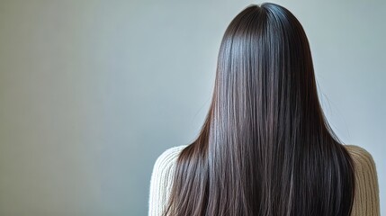Naklejka premium Long, flowing hair beautifully showcases natural shine and texture against a simple, soft background in a serene indoor setting